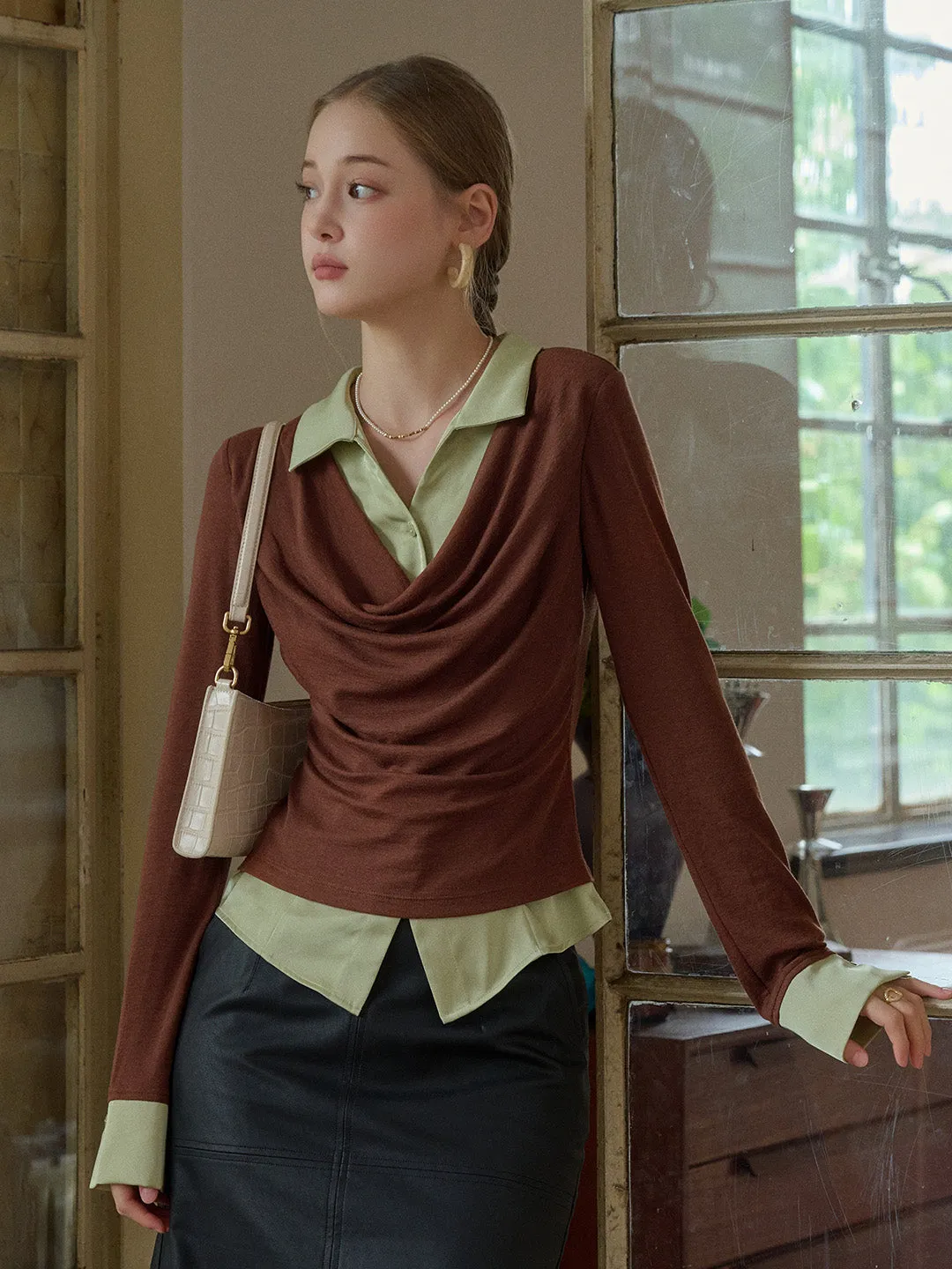 Rosie V-Neck Faux Layered Wool Lyocell Top AthleisureCompatible MultiPocketDesign
