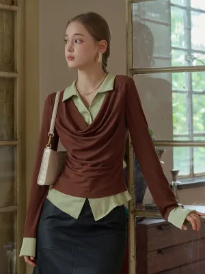 Rosie V-Neck Faux Layered Wool Lyocell Top PreWashed Trendy Cardigan