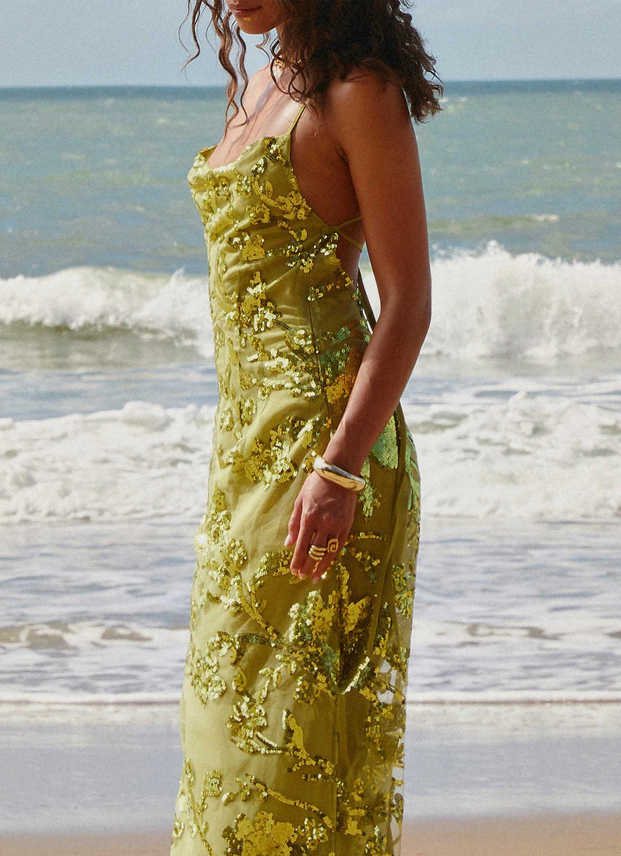 Youthful Look Piped-Edge Havana Sequin Maxi Dress - Lime
