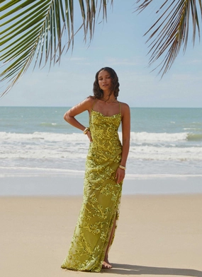 Sleek Feel Art Spirit Havana Sequin Maxi Dress - Lime
