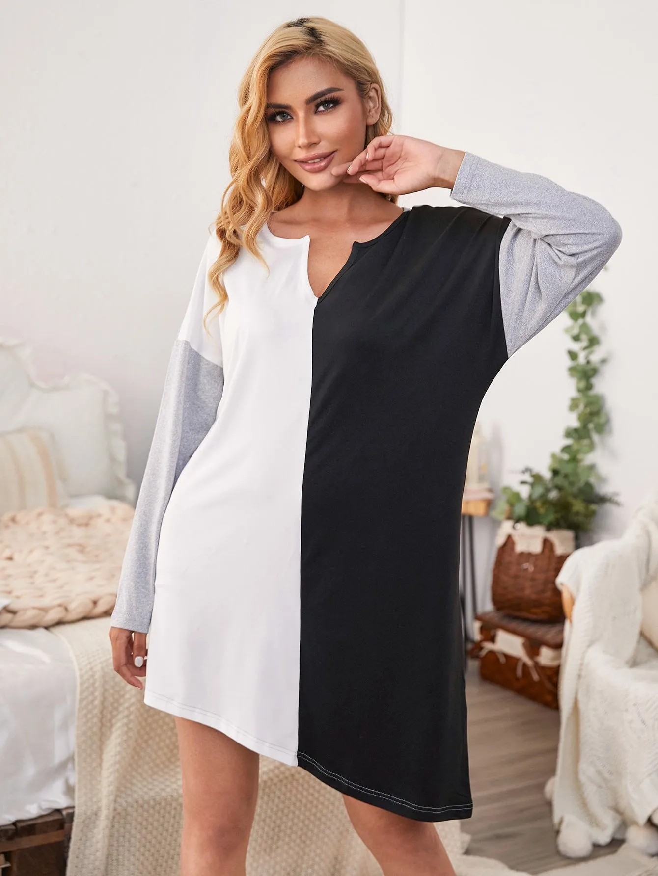Colorblock Asymmetrical Long Sleeve Notched Women Lounge Dress