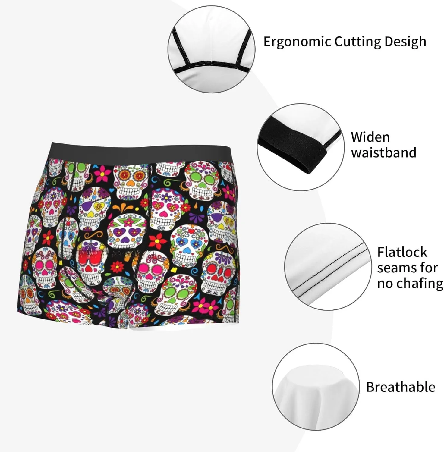 Colorful Flower Skulls Boxer Briefs, Moisture Wicking & Breathable,Underwear for Men