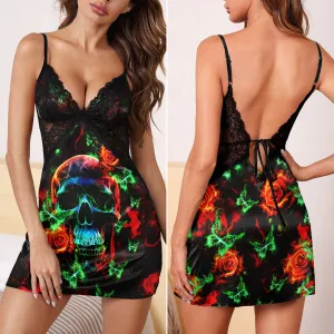 Colorful Skull Rose Butterfly Women's Back Lace Babydolls Nightgowns
