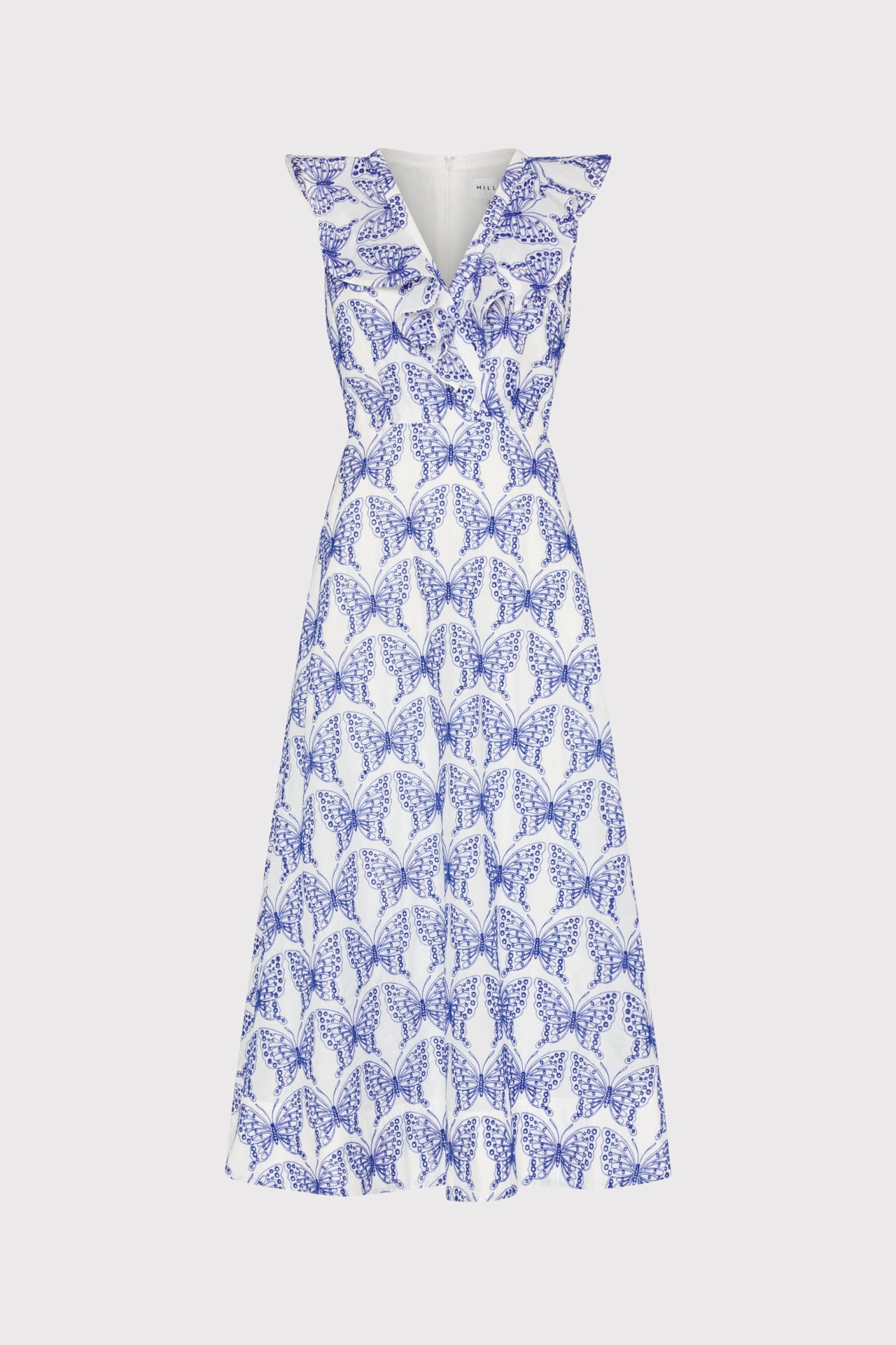 Neutral palette Boat-Neck Butterfly Eyelet Ruffle Midi Dress