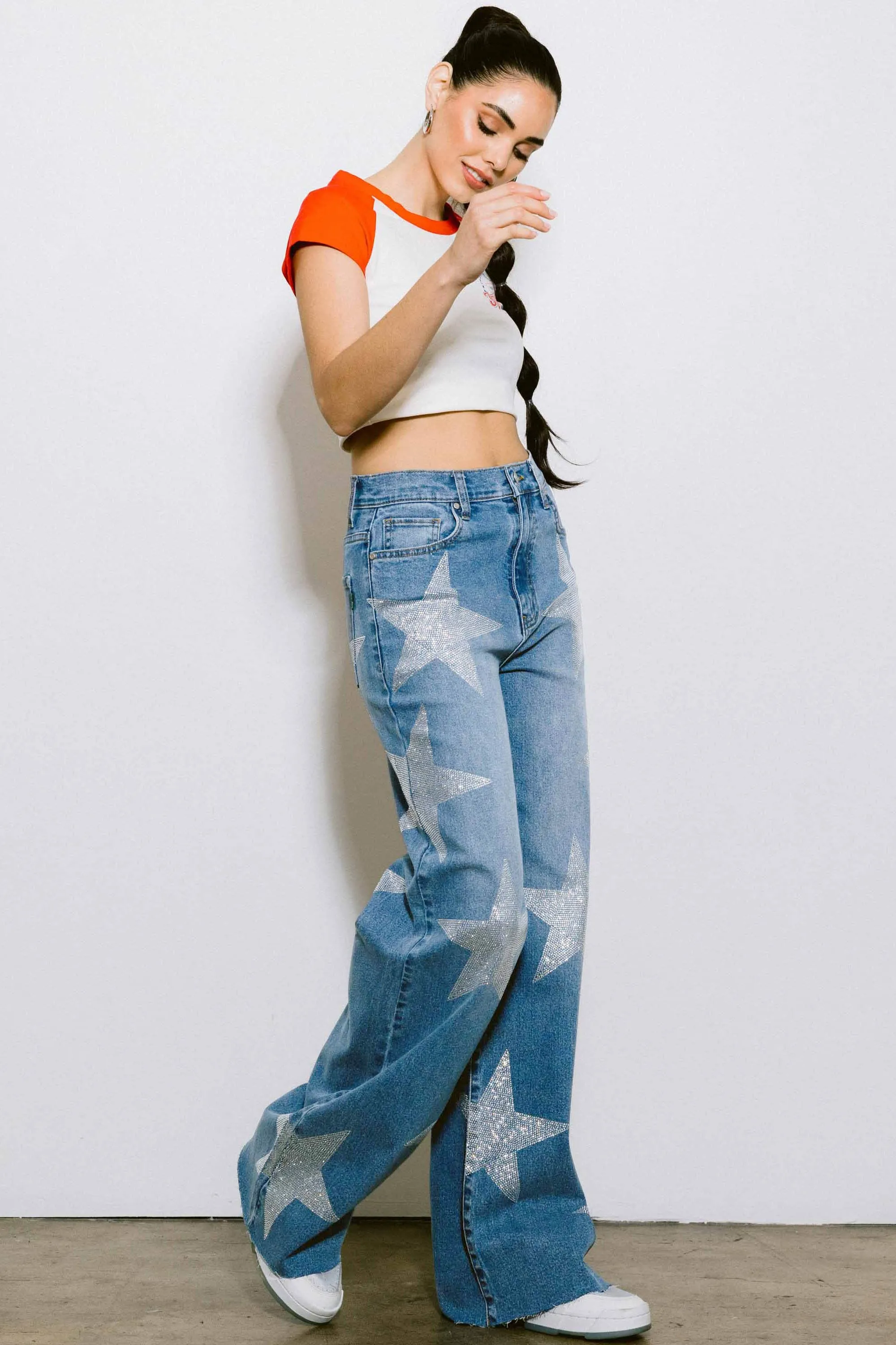 Stretchable Wear Body Movement Stardust Wide Leg Pants- Denim