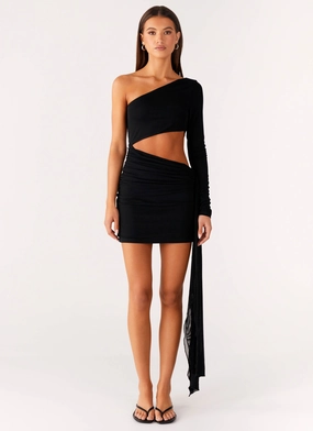 Wrapped Asymmetrical Mesh Dress - Black Fresh Form Travel-Essential