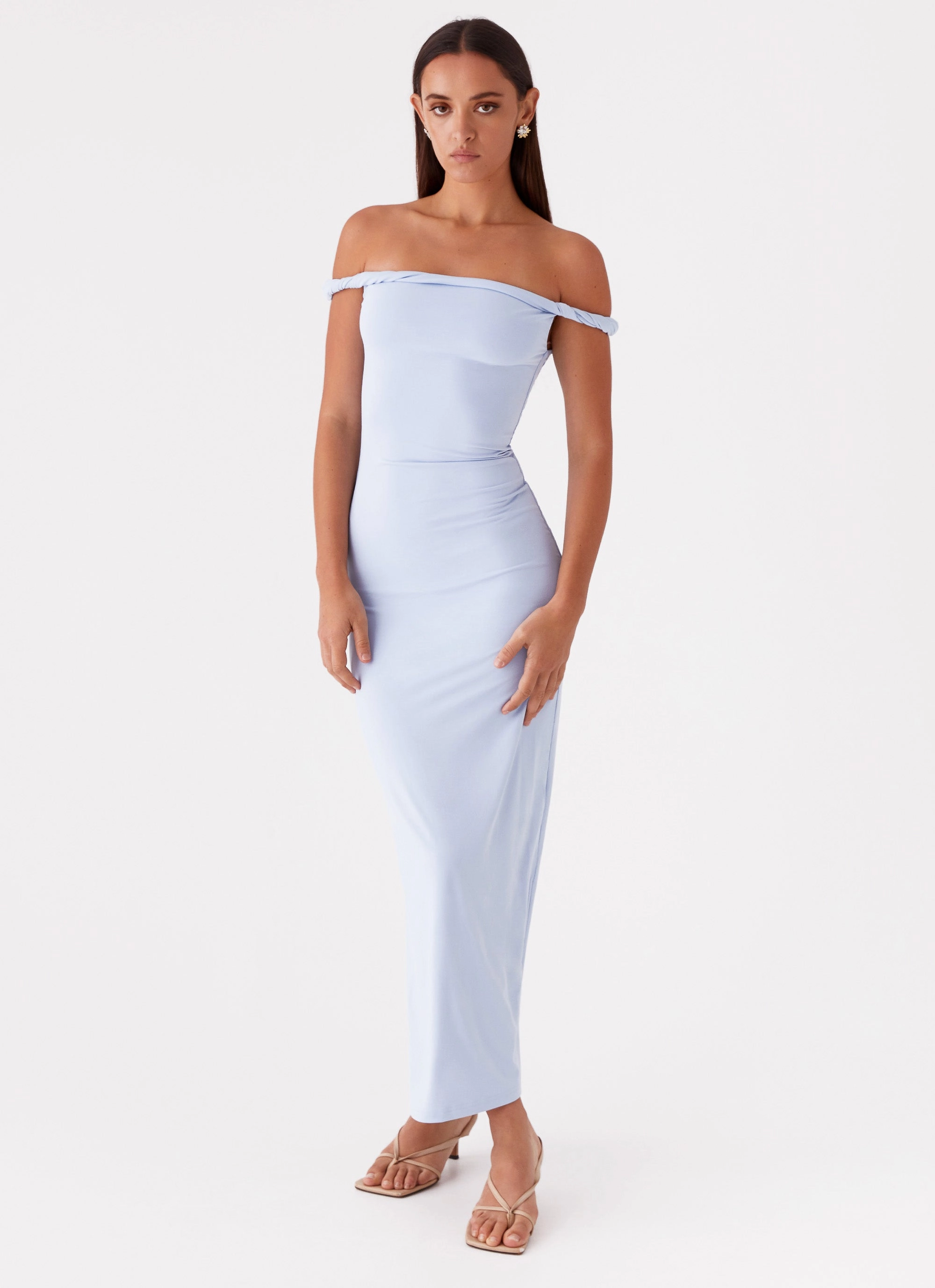Arabella Twist Shoulder Maxi Dress - Blue Active Outfit ruffle trim