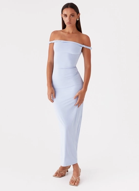 Arabella Twist Shoulder Maxi Dress - Blue Active Outfit ruffle trim