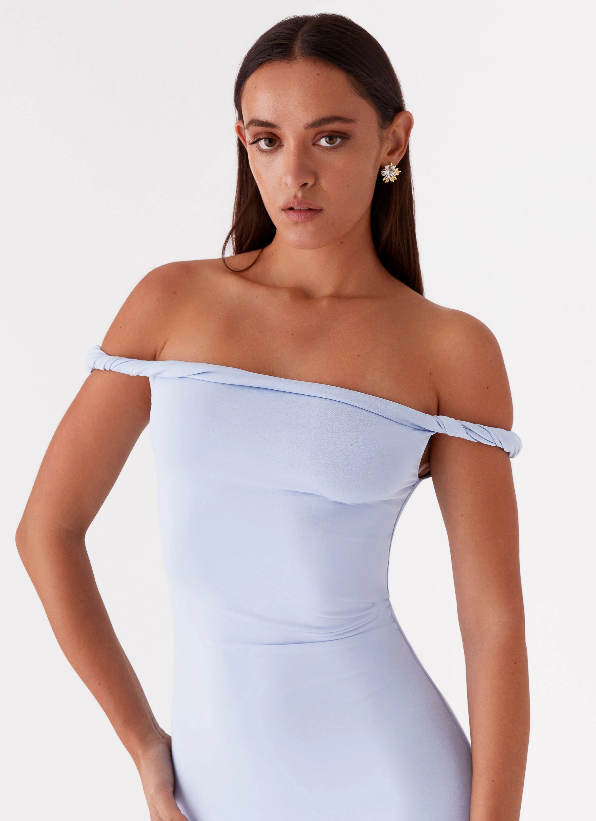 Arabella Twist Shoulder Maxi Dress - Blue Zip Ease