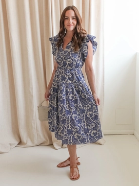 Ulla Johnson Kairi Flutter Sleeve Midi Dress - Ocean Bow-Detail