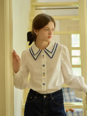 ??Final Sale??Sarah Embroidery Contrast Collar Casual Shirts Button Down Collar Style