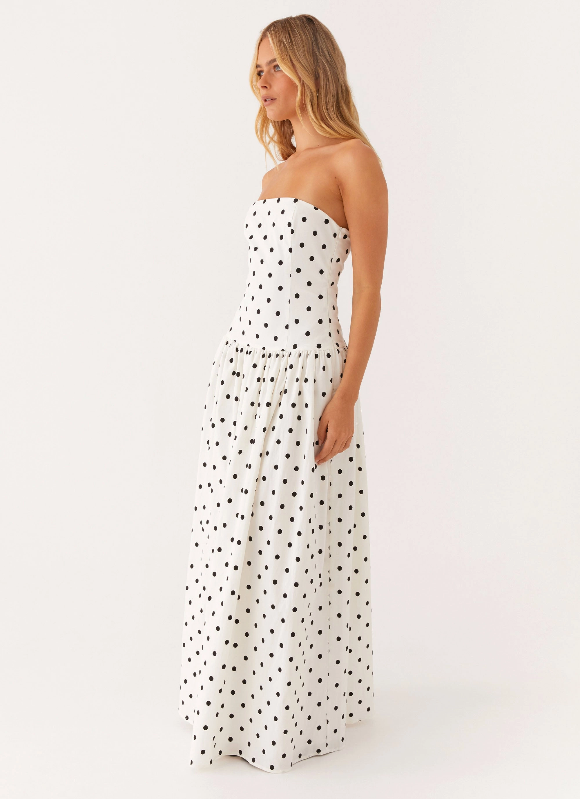 Andorra Maxi Dress - White Polkadot Flap-Detail