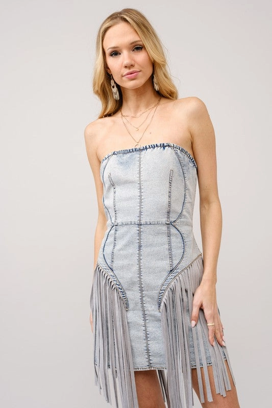 Clean Mood Dakota Fringe Buckle Dress- Denim