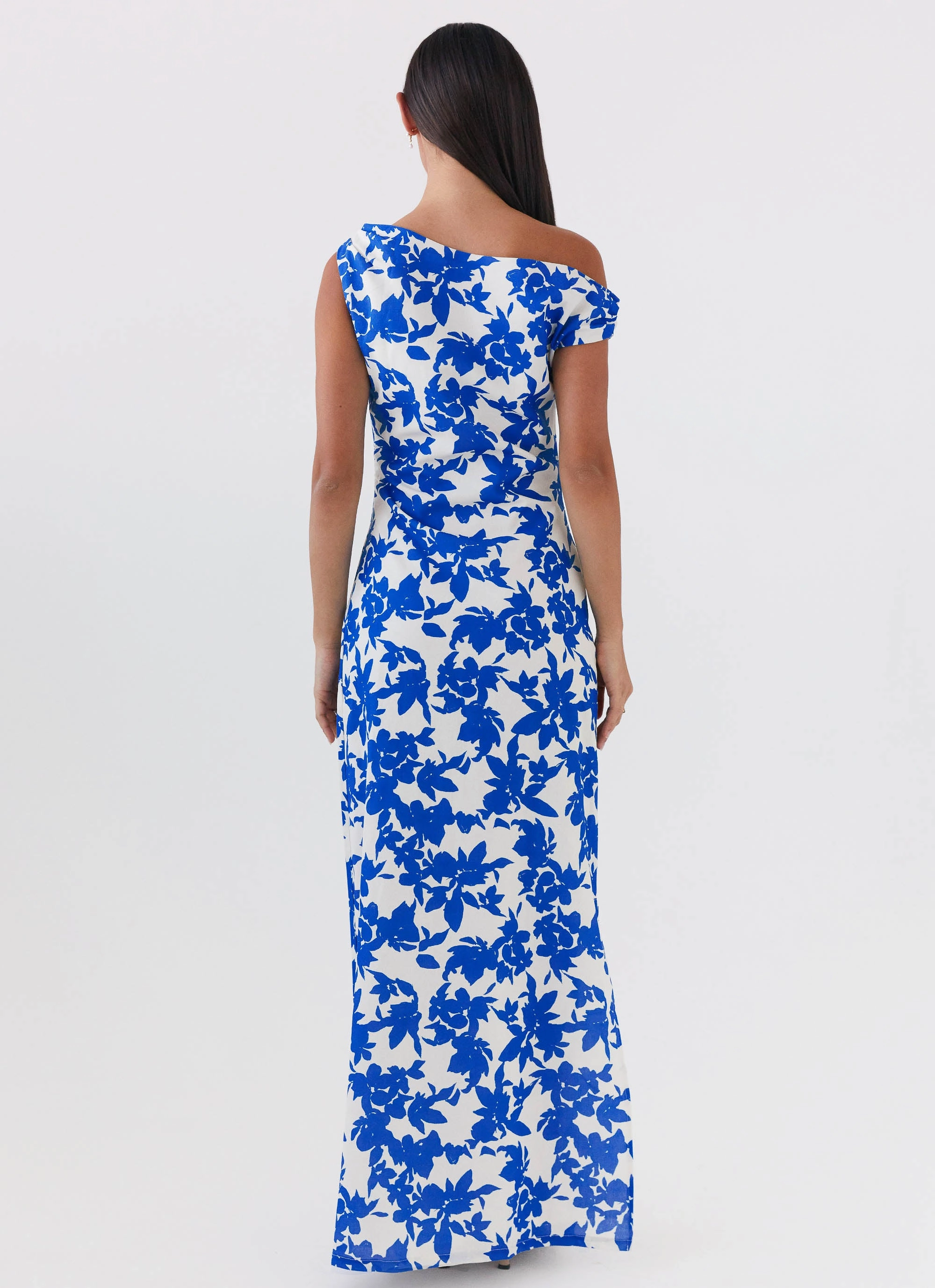 Pyper Off Shoulder Maxi Dress - Blue Floral Flowing Texture