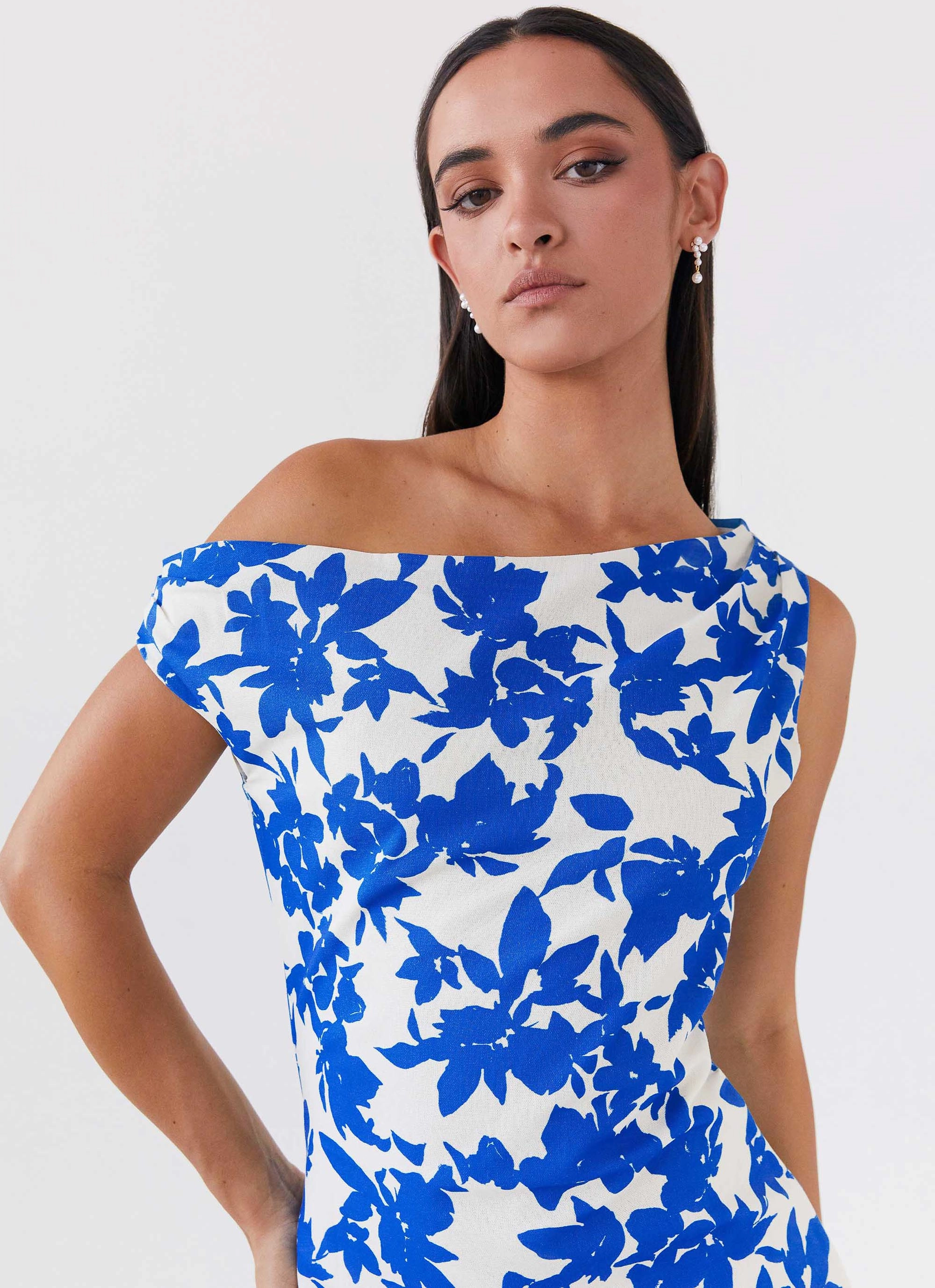 Soft Layering Seasonal Fit Pyper Off Shoulder Maxi Dress - Blue Floral