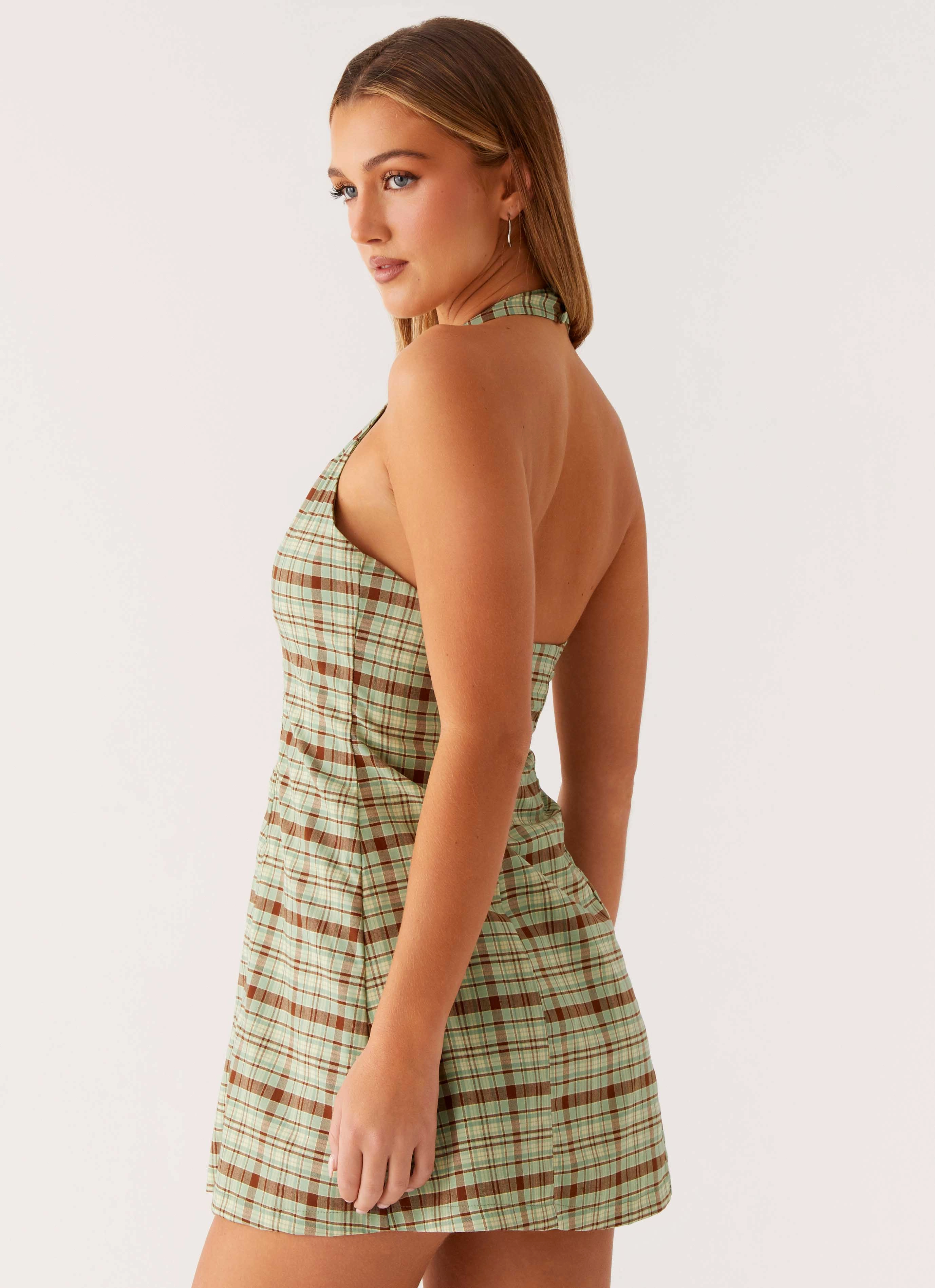 Natural Layers Match Quick Dunia Halter Mini Dress - Forest Plaid