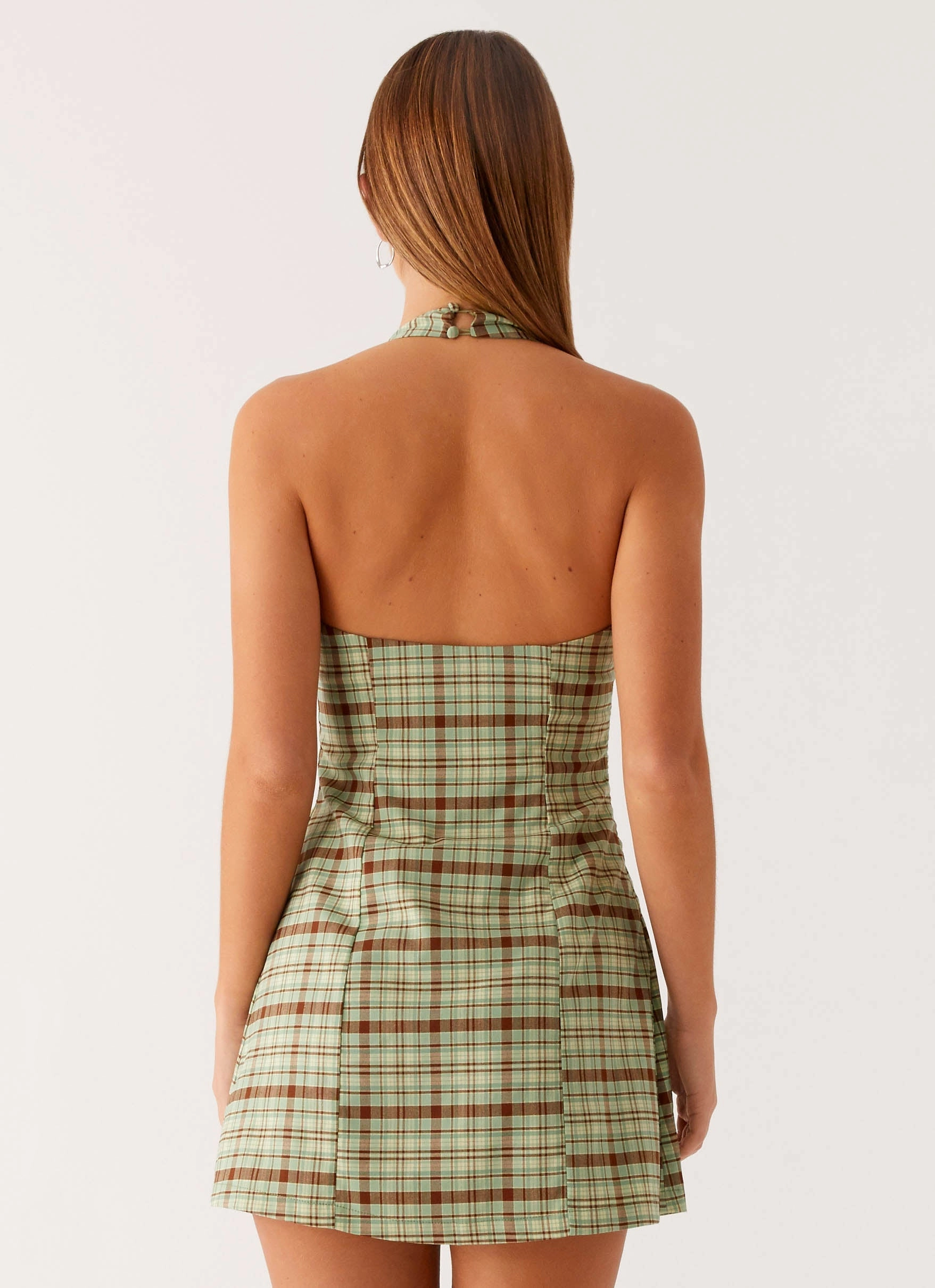 Dunia Halter Mini Dress - Forest Plaid Flap-Detail Vibrant Edge