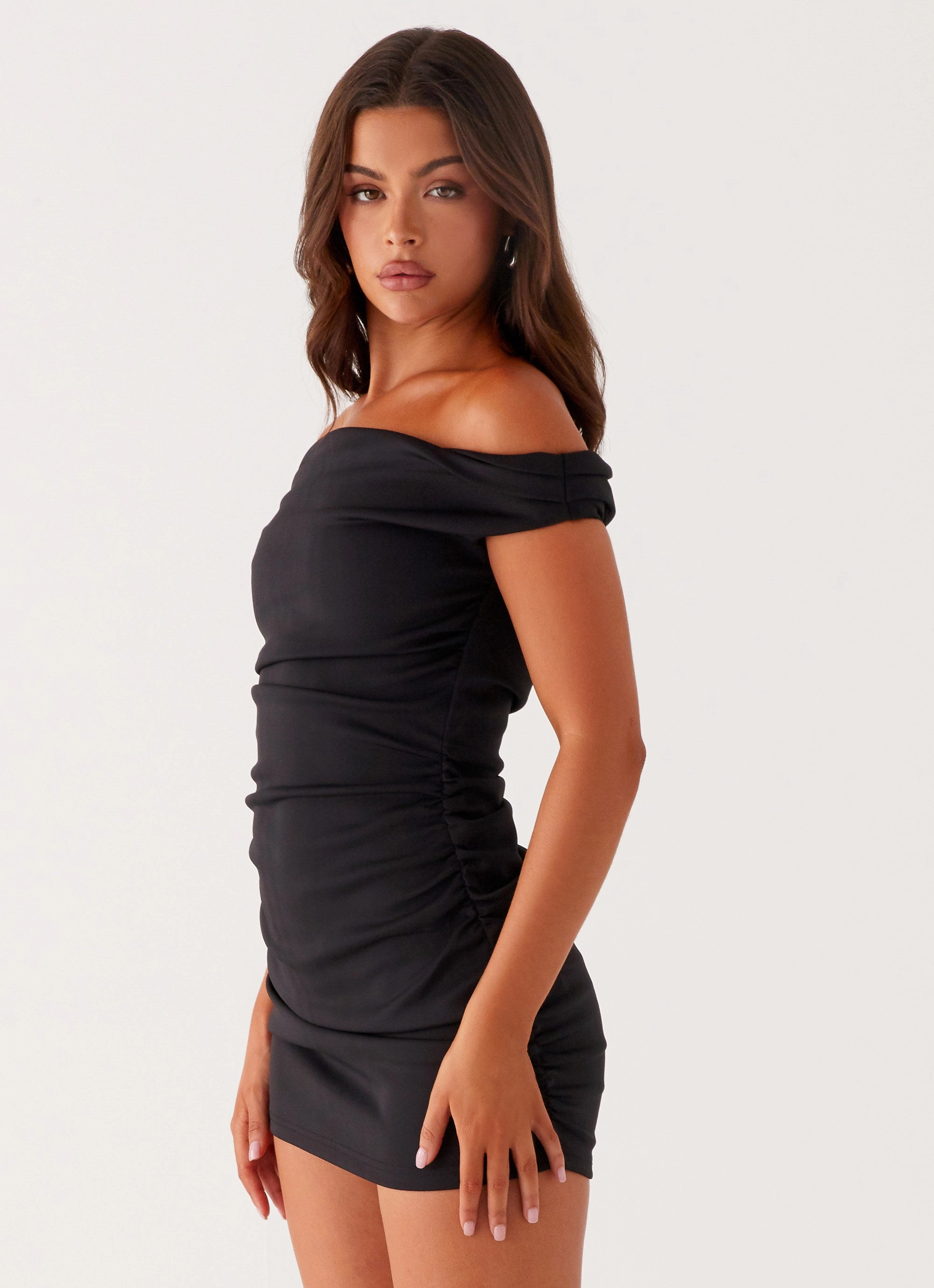Morgan Off Shoulder Mini Dress - Black Cozy Vibe Corduroy texture