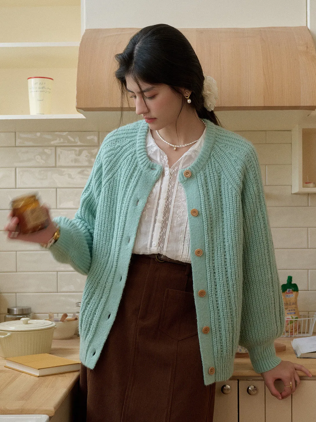 Destiny Round Neck Ribbed Wool Cardigan Layered Shoulder FadeResistantTechnology