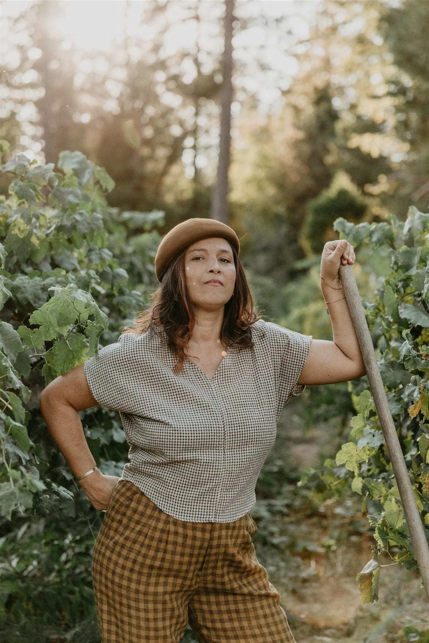 Adjustable Cuff System Dolman Top in Black & Oat Cotton Gingham
