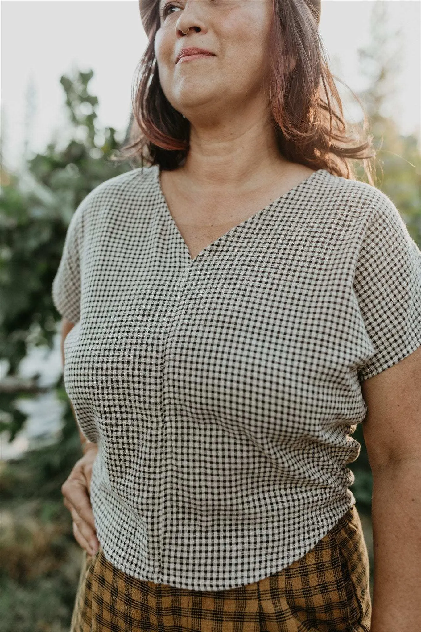 Dolman Top in Black & Oat Cotton Gingham FlatlockSeamTechnique