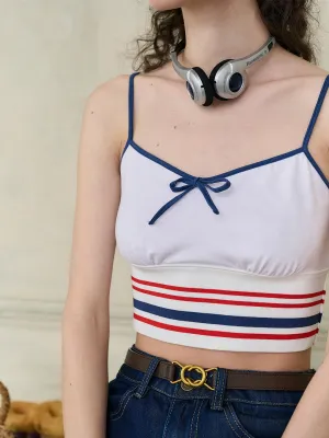 ??Final Sale??Simple Retro Jessica Small V-neck Contrast Bow Striped Cotton Camisole Top Compact Stitching Ventilated Panel Design