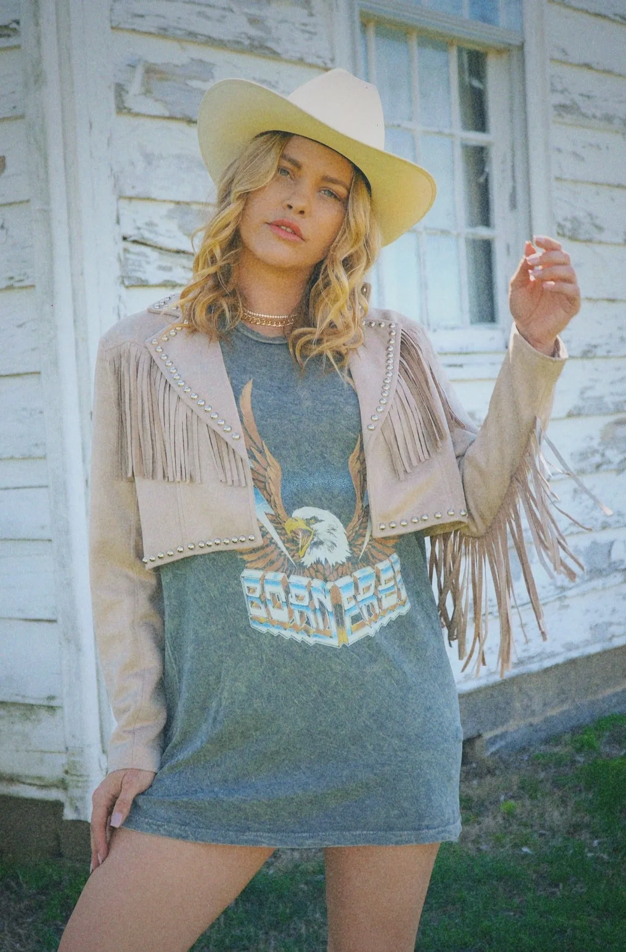 TexturedSurface Minimalist Silhouette Cut Born Free Eagle Graphic Tee - Stone Gray