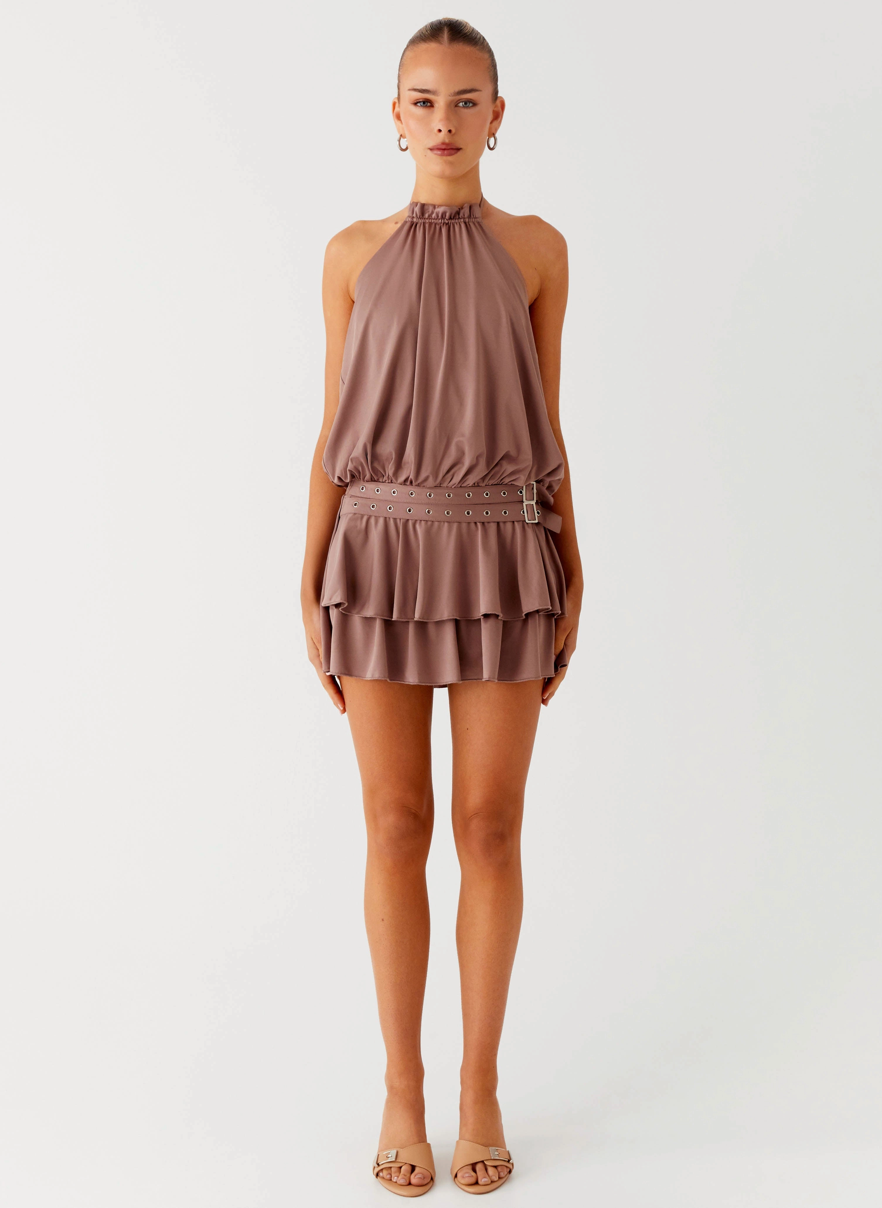 Dopamine Belt Mini Dress - Taupe Quiet Luxury monochrome