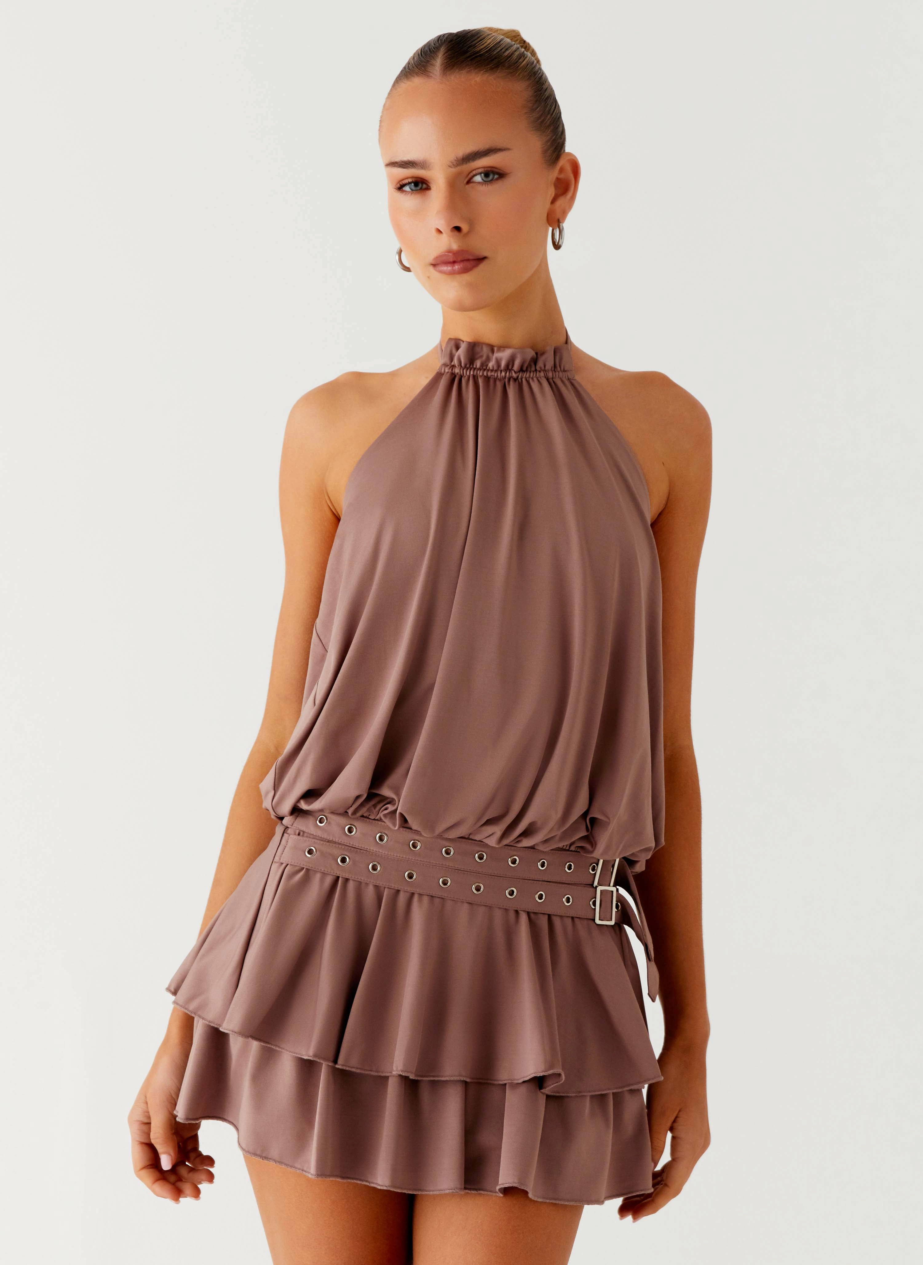 Stylish Mood Smooth Design Dopamine Belt Mini Dress - Taupe