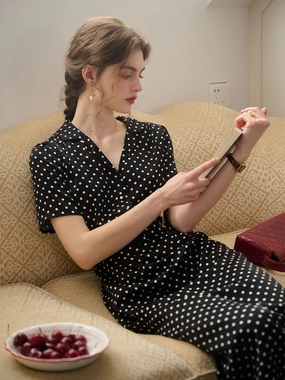 DoubleLayered Neckline Airflow Mesh Insert Contoured Side Panels Baylee French Retro Polka Dot V-Neck Dress