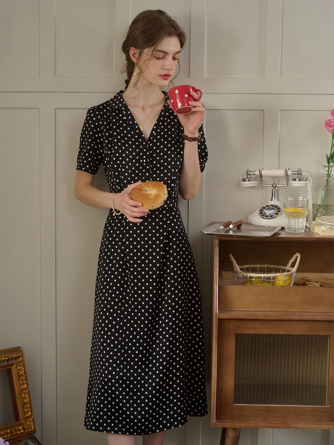 Contoured Side Panels Baylee French Retro Polka Dot V-Neck Dress Durable Interlock Stitch