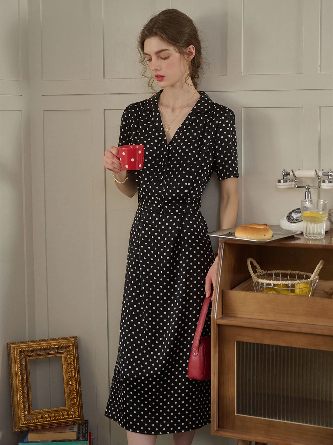 Contoured Side Panels Baylee French Retro Polka Dot V-Neck Dress AntiStatic Material
