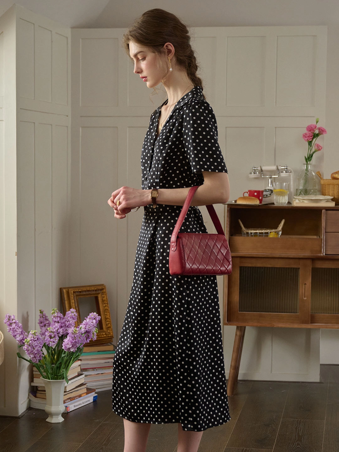NonRestrictive AdaptiveFitFabric Contoured Side Panels Baylee French Retro Polka Dot V-Neck Dress