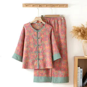 Contrast Plum Blossom AOP Pajama Set