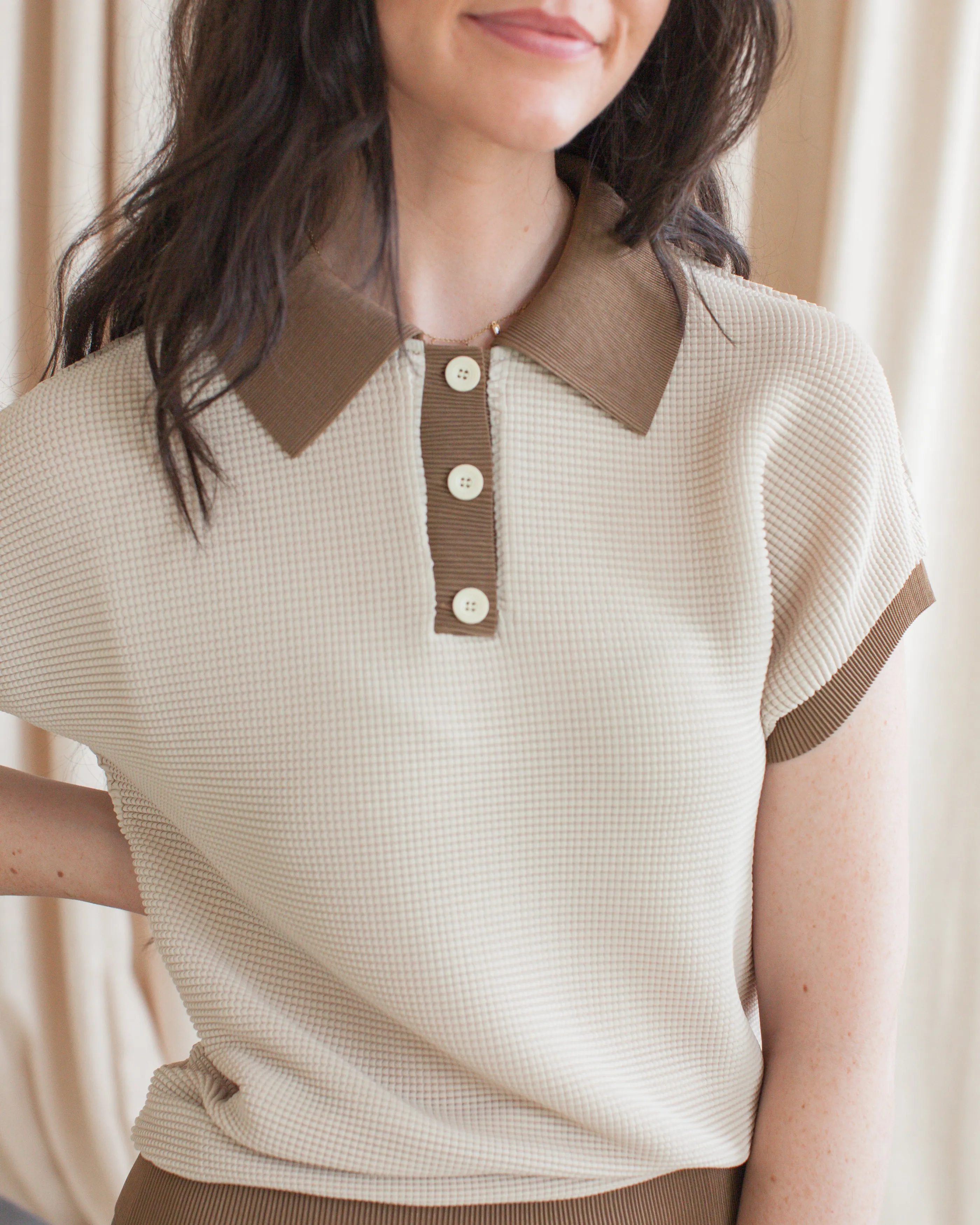 UVProtectionCoating DurableDoubleLayeredHem Contrast Polo- Brown