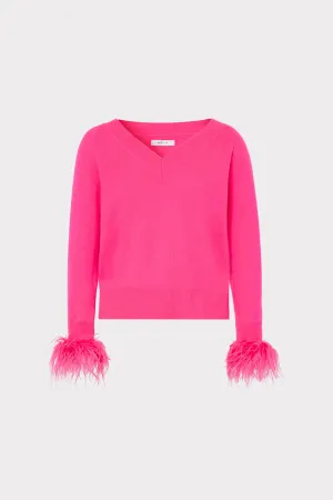 Layered Neckline Details Breathable mesh Feather Cuff V-neck Sweater