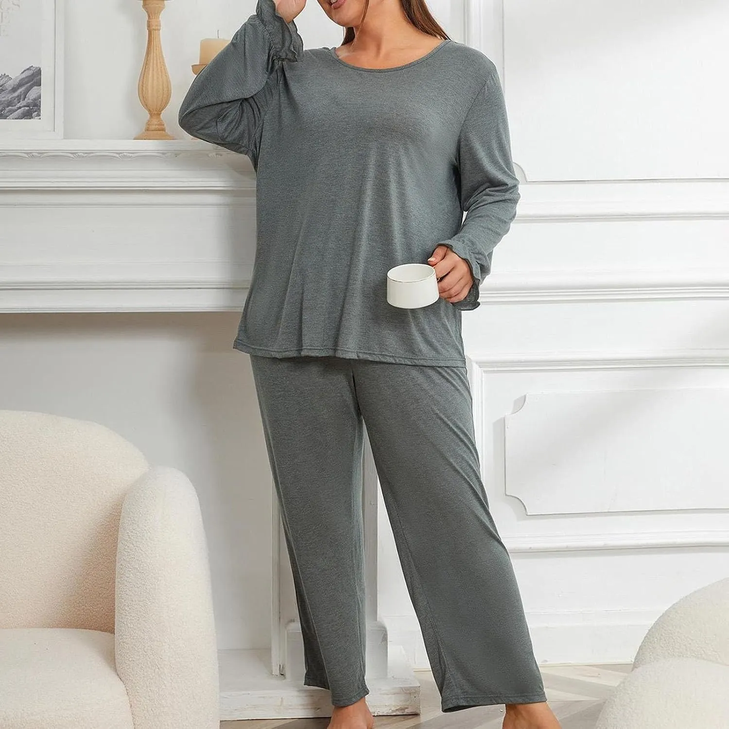 cooki Pajama Sets for Women 2 Piece Women Lounge Sets Sleepwear Loungewear Button Down Long Sleeve Tops and Wide Leg Pants