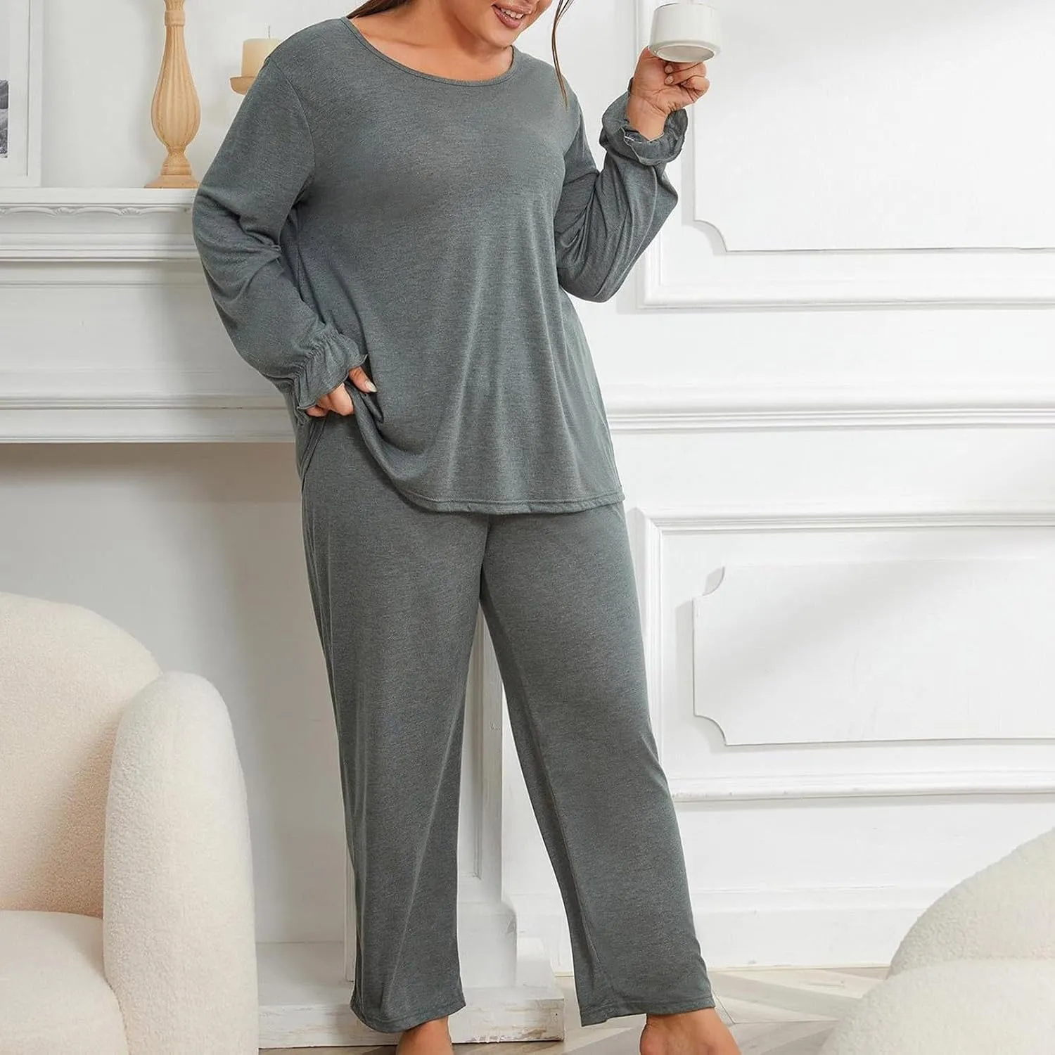 cooki Pajama Sets for Women 2 Piece Women Lounge Sets Sleepwear Loungewear Button Down Long Sleeve Tops and Wide Leg Pants