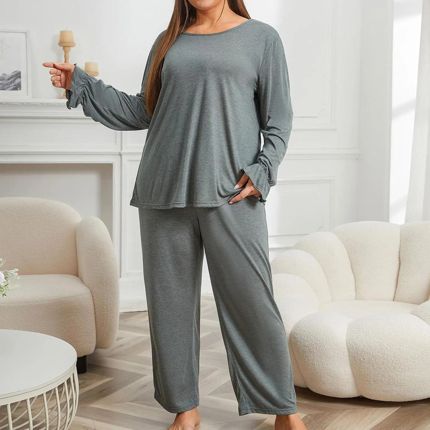 cooki Pajama Sets for Women 2 Piece Women Lounge Sets Sleepwear Loungewear Button Down Long Sleeve Tops and Wide Leg Pants