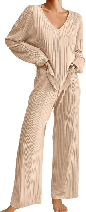 cooki Women's Pajama Sets Lounge Sets for Women Ribbed Knit Pajamas Set V Neck Long Sleeve Pj Set Long Sleeve Top and Pants