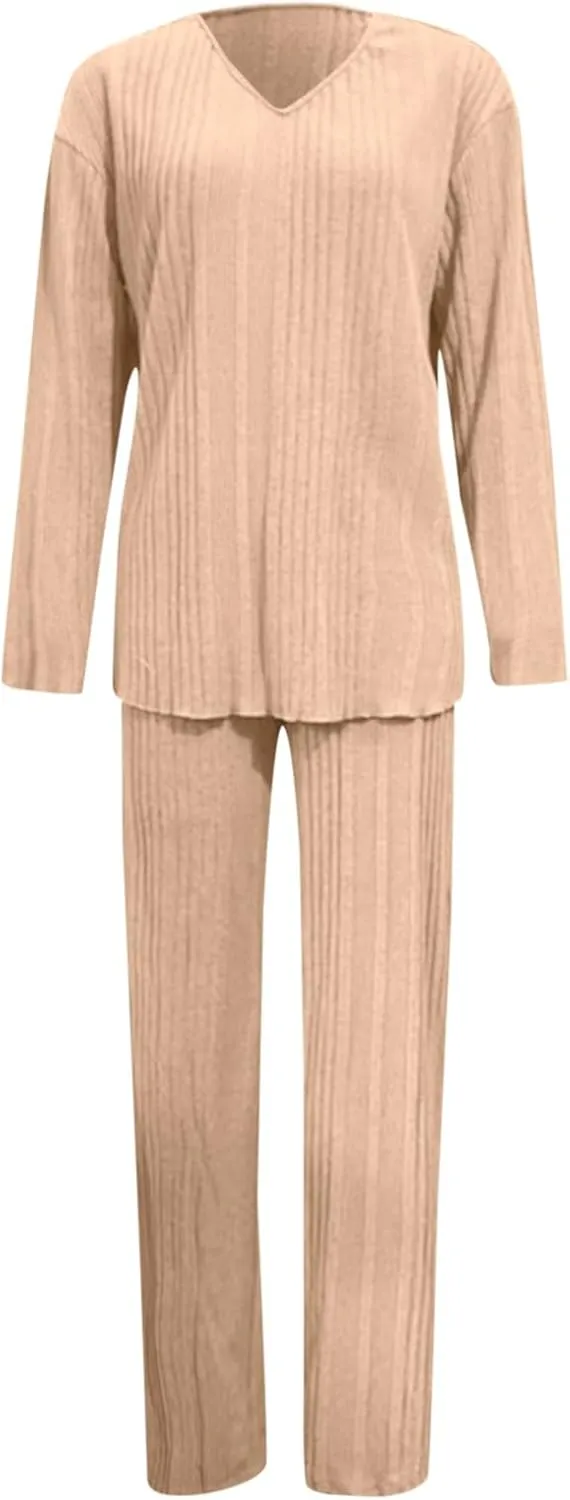 cooki Women's Pajama Sets Lounge Sets for Women Ribbed Knit Pajamas Set V Neck Long Sleeve Pj Set Long Sleeve Top and Pants