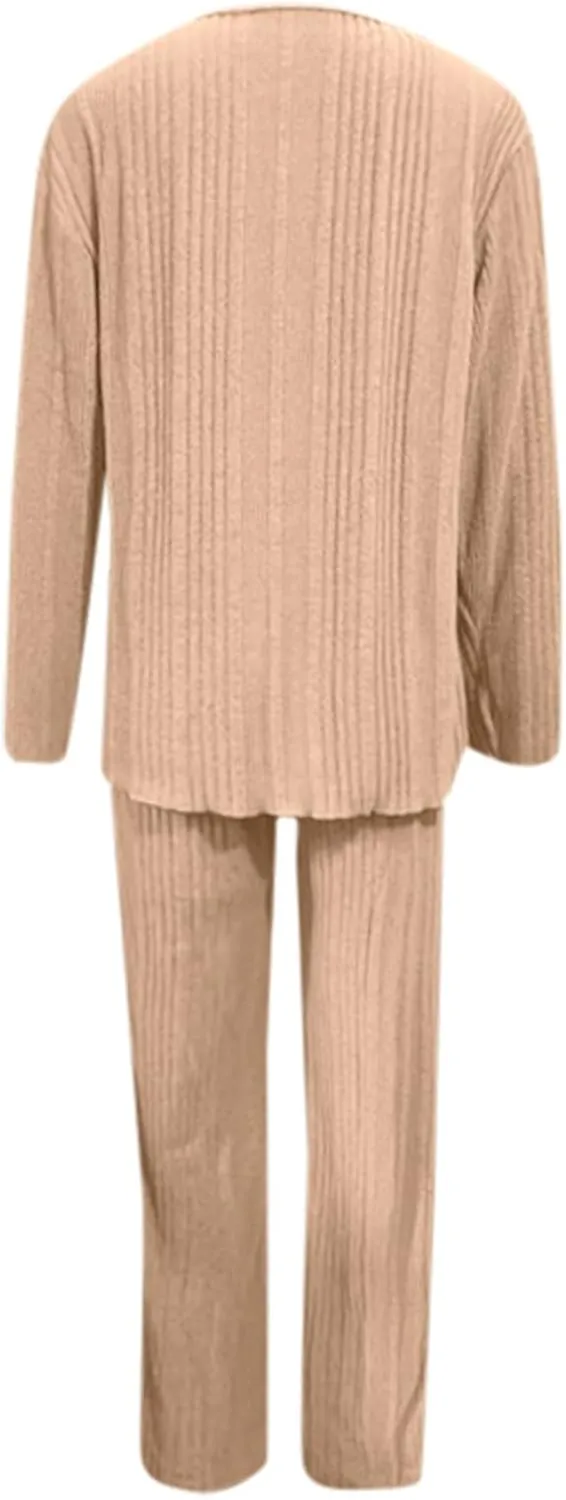 cooki Women's Pajama Sets Lounge Sets for Women Ribbed Knit Pajamas Set V Neck Long Sleeve Pj Set Long Sleeve Top and Pants