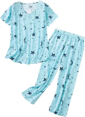 cooki Women's Pajama Sets Lounge Sets Pajamas for Women 2 Piece T Shirt and Floral Print High Waist Pants Loose Nightwear