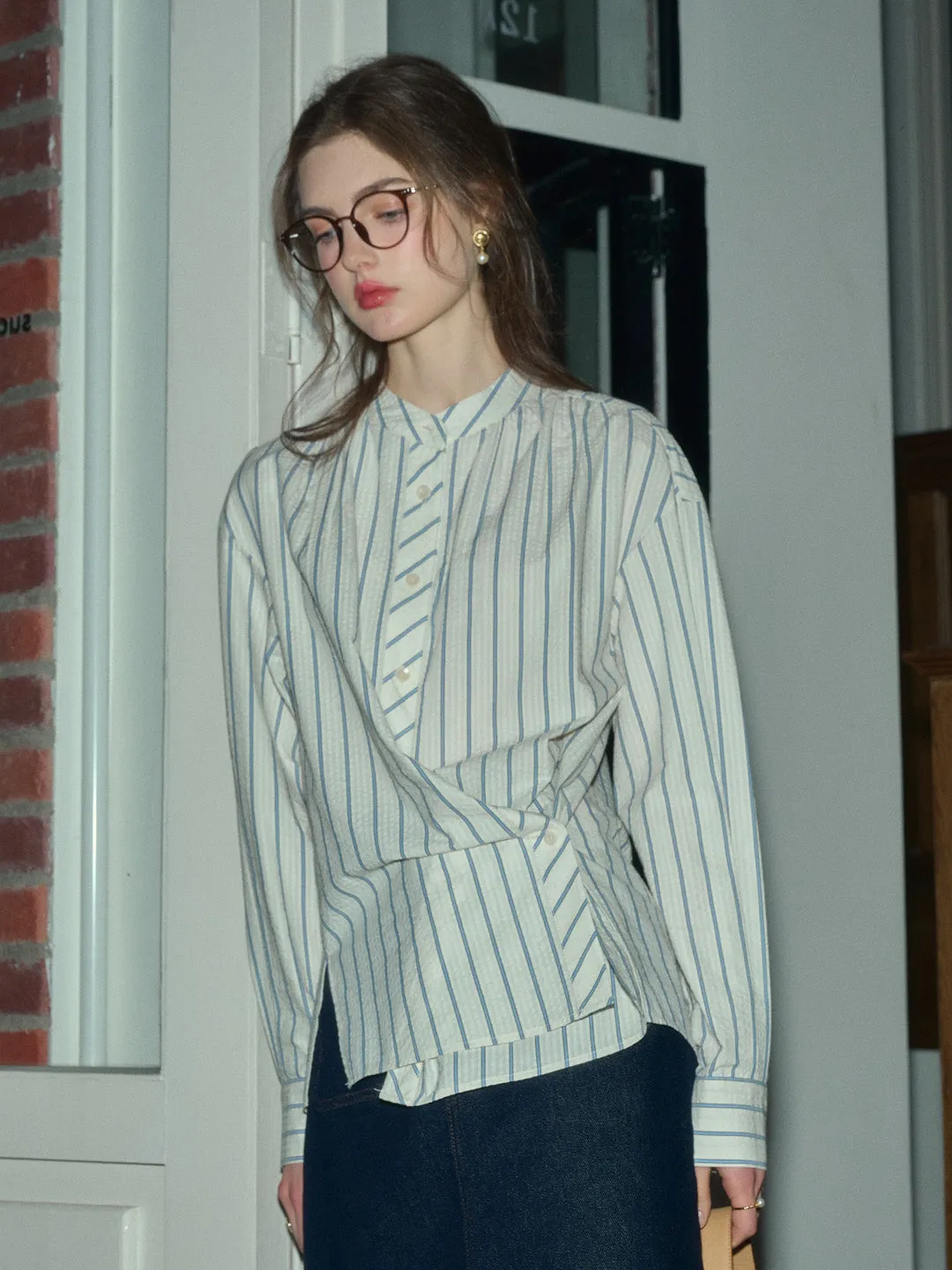 FourWayStretch Adelaide Stand Collar Stripes Blouse