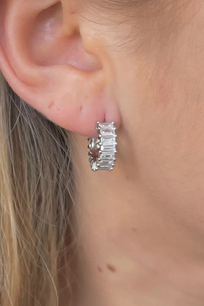 SoftBrushed Large Esther Diamond Hoops- Silver