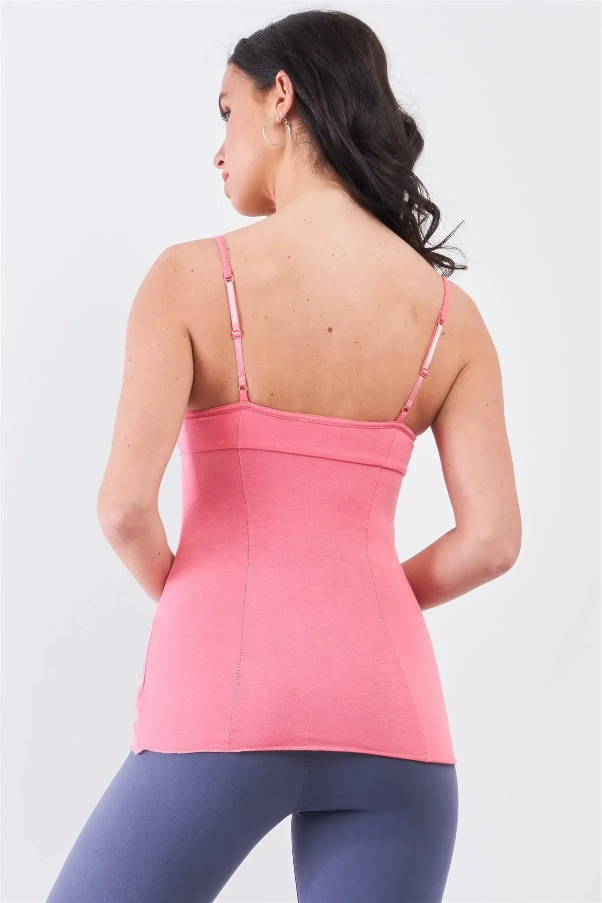 Coral Pink Sleeveless V-Neck Stitching Detail Basic Cami Top /1-3-3-2-1