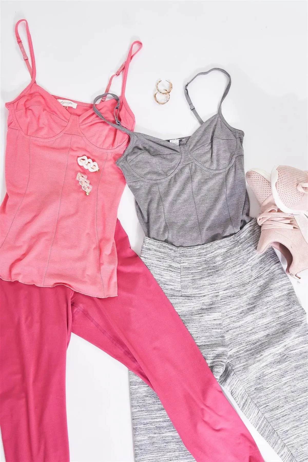 Coral Pink Sleeveless V-Neck Stitching Detail Basic Cami Top /1-3-3-2-1