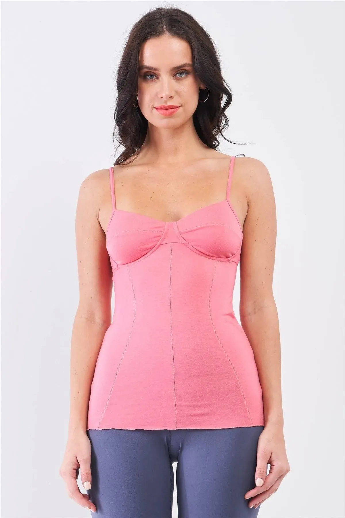 Coral Pink Sleeveless V-Neck Stitching Detail Basic Cami Top /1-3-3-2-1