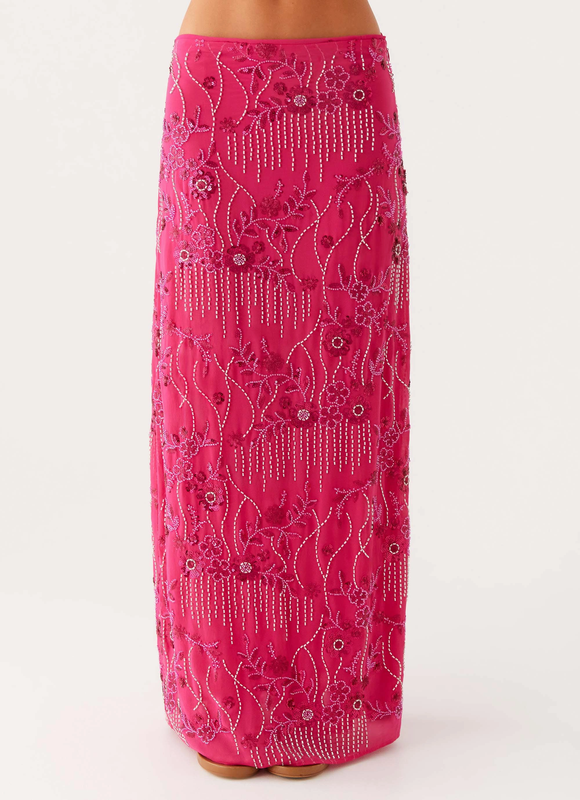 Corinna Low Rise Sequin Maxi Skirt - Fuchsia Knitted Fabric smooth zipper