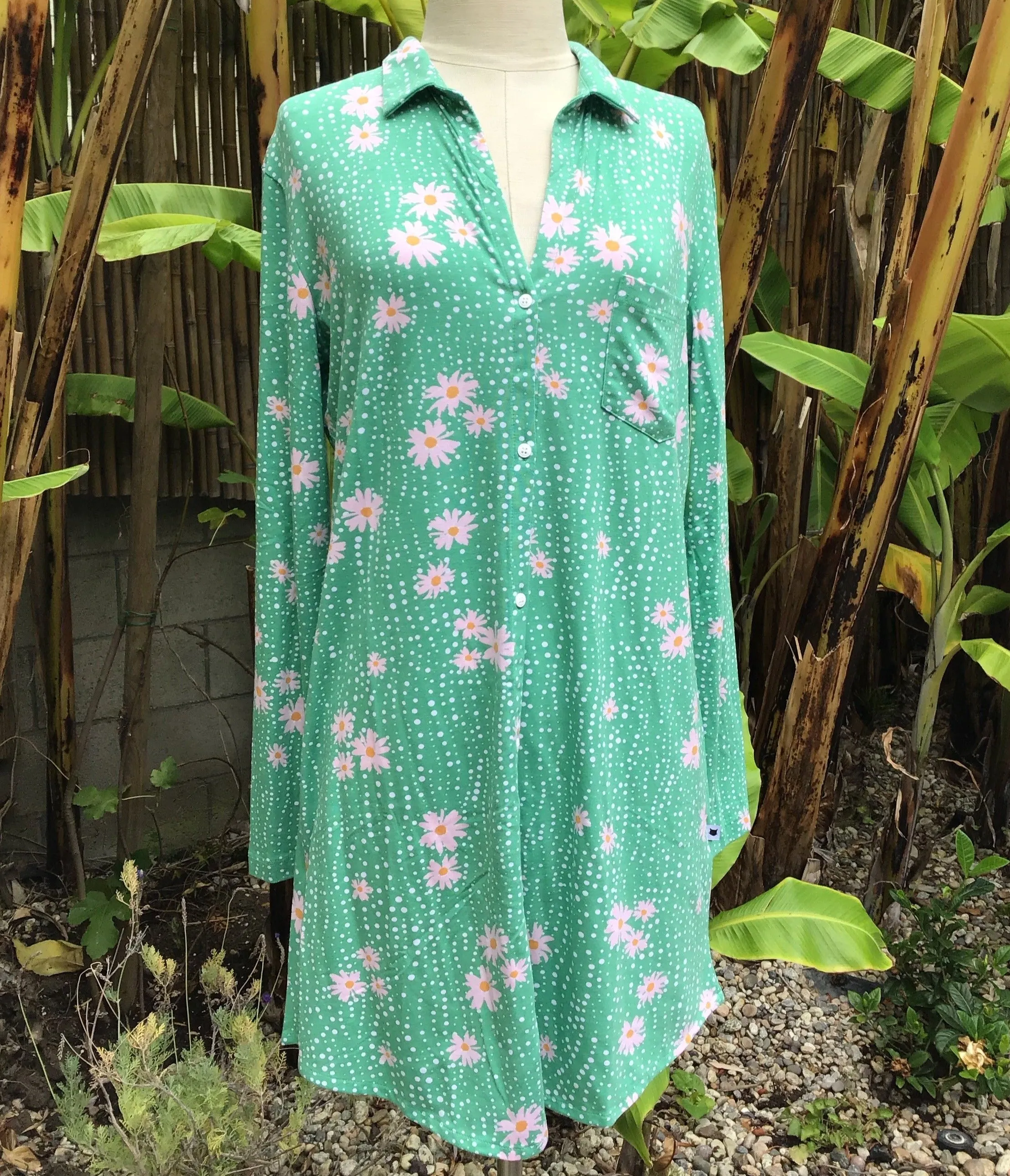 Cotton Knit Nightgown or Night Shirt - Lazy Daisy Green